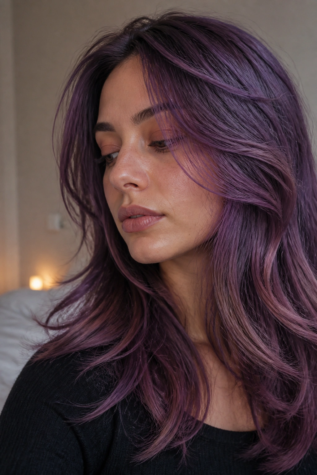 Close-up of a real woman with blue-based rose-violet layered hair under soft window light