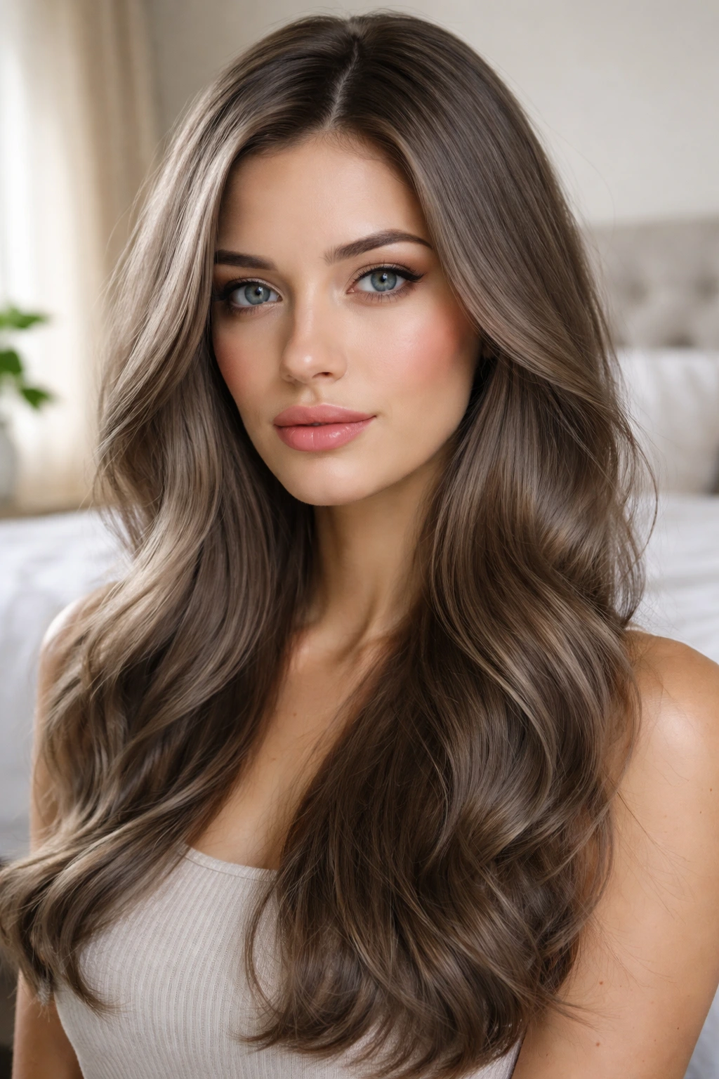 Real person with cool hazelnut hair in silvery matte shade