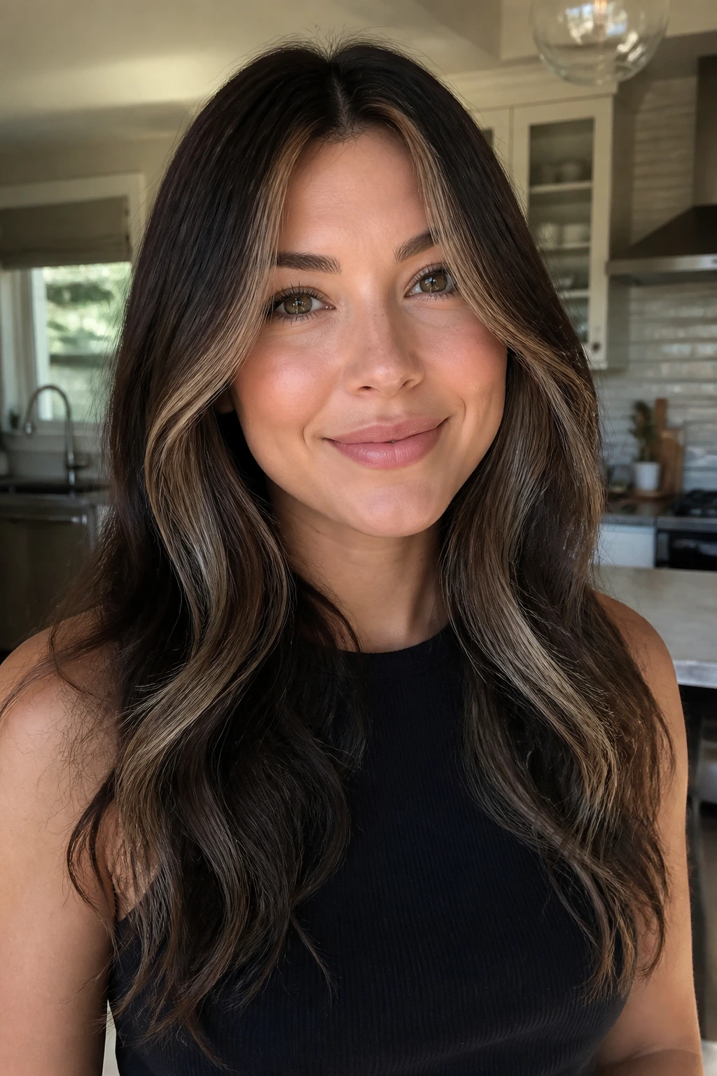 Portrait of a woman showing a cool hazelnut money piece at the front against darker brunette hair.