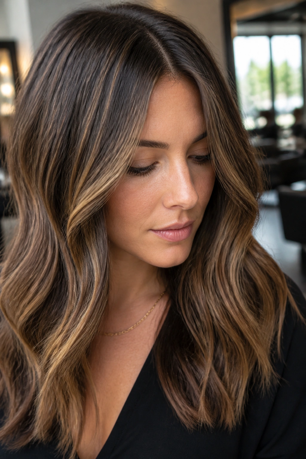 Real woman with cool honey babylights over brown base