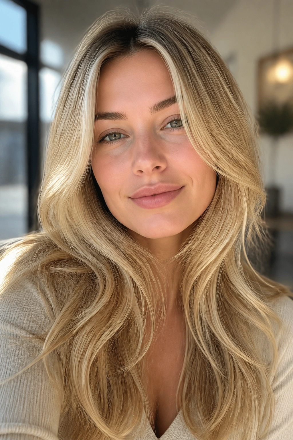 Real woman with cool honey butter blonde in natural light.
