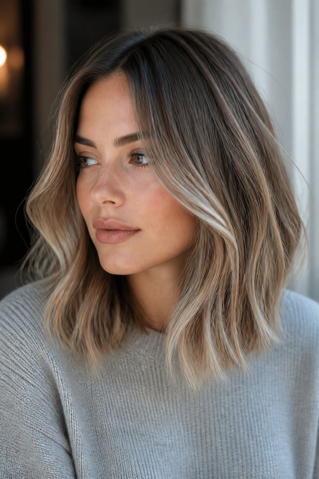 Close-up of shoulder-length hair with cool latte balayage in ash-beige tones