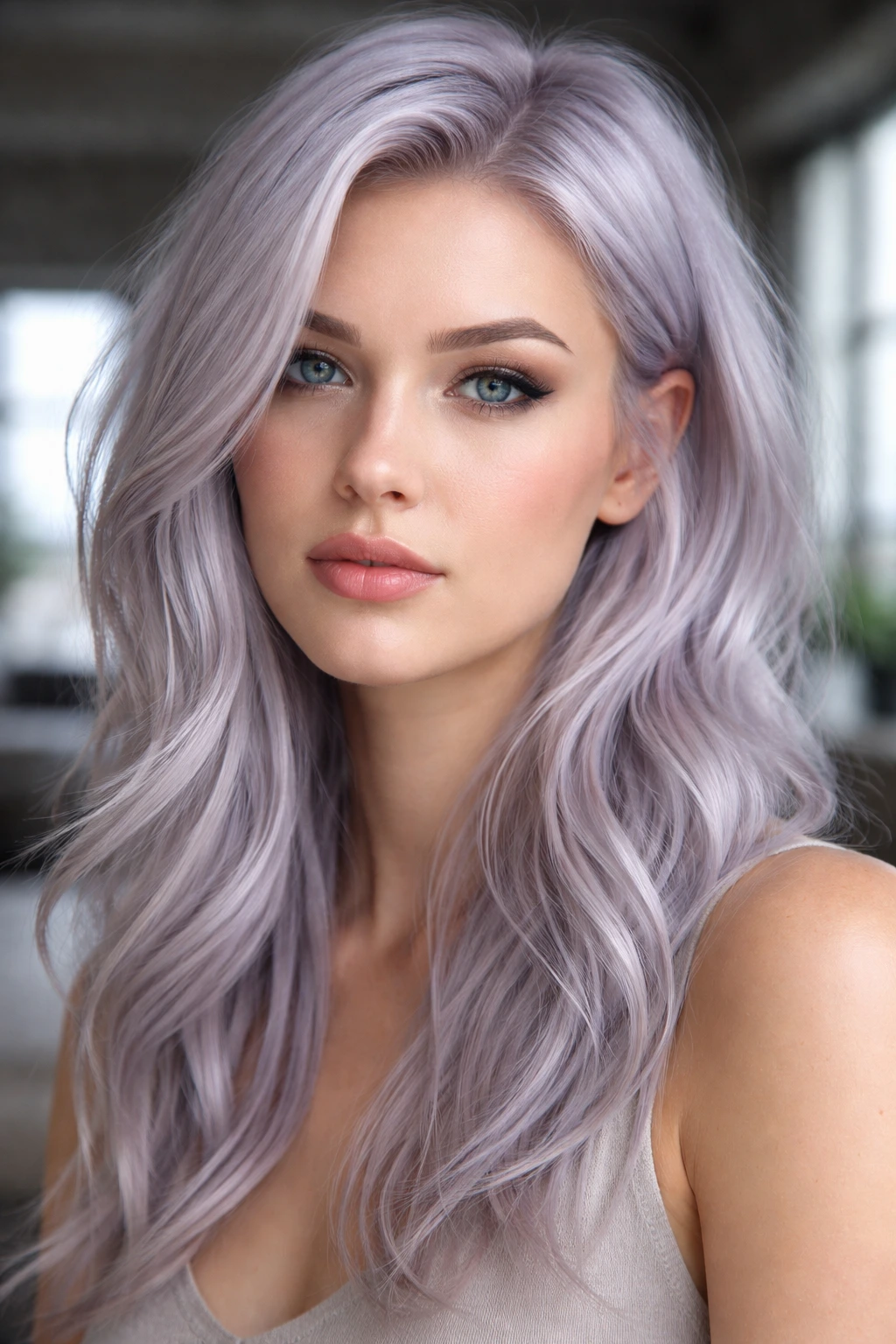 Close-up portrait of a real woman with cool lilac frost hair and pale skin