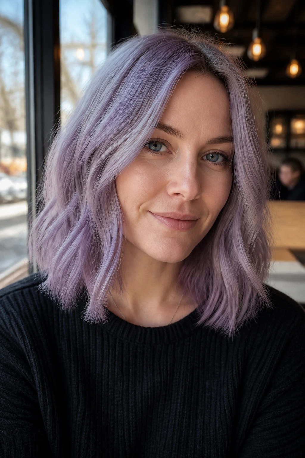 Close-up portrait of a real woman with cool-toned lilac lob haircut