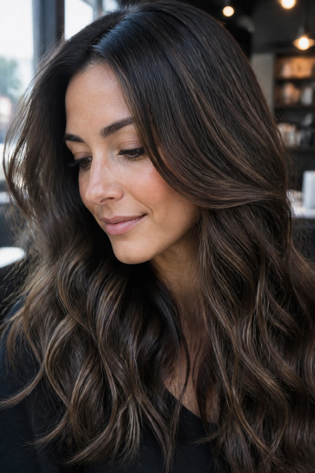 Close-up of brunette hair with cool lowlight contrast, depth added by blue-based lowlights