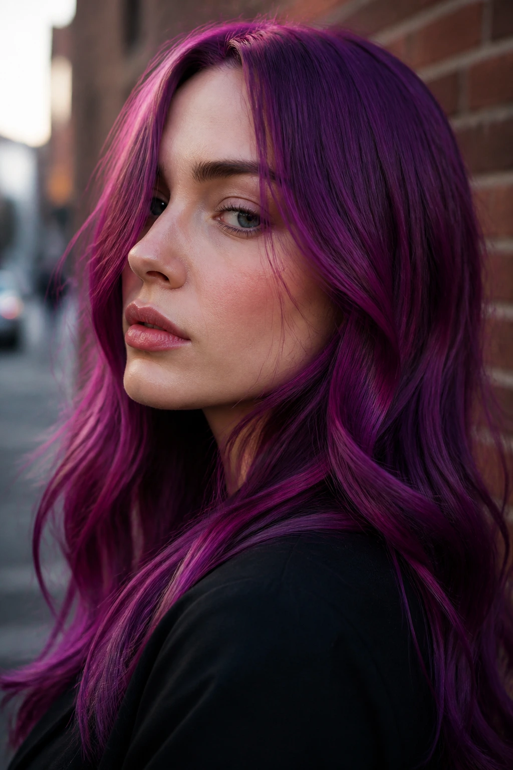 Close-up portrait of a real woman with cool magenta hair on an urban street