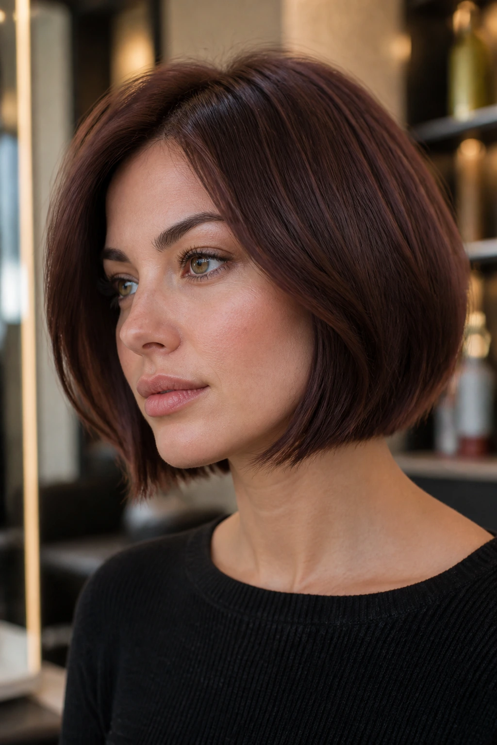 Close-up portrait of a real woman with cool mahogany bob and beveled ends