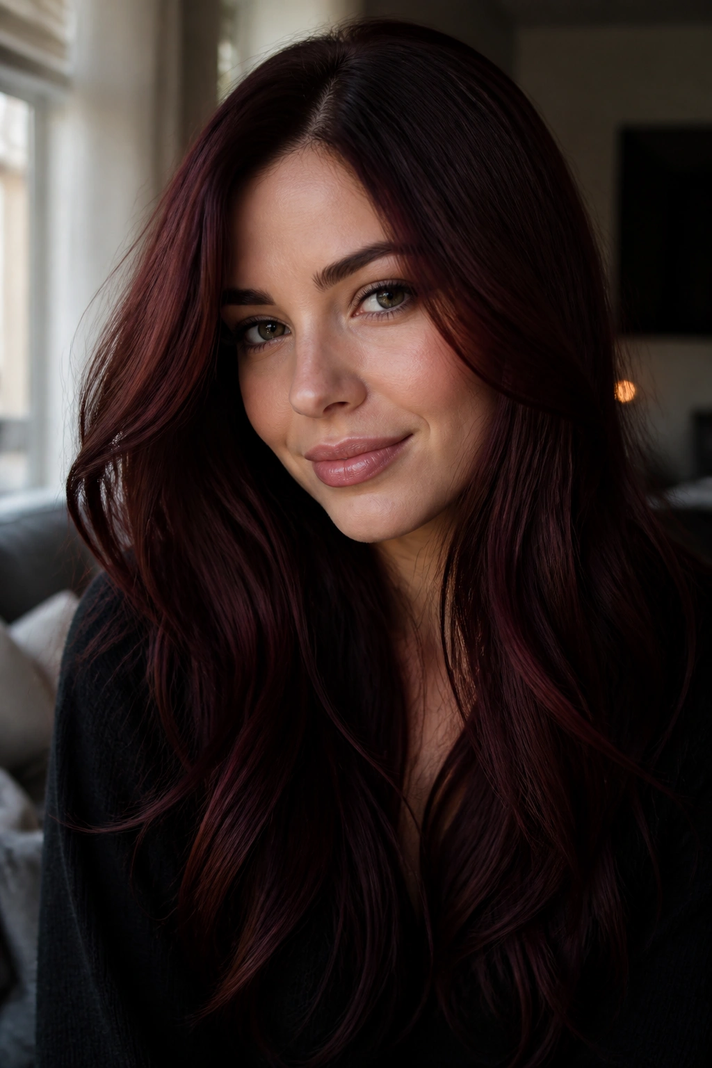 Close-up of a real woman with cool mahogany brown hair in soft window light