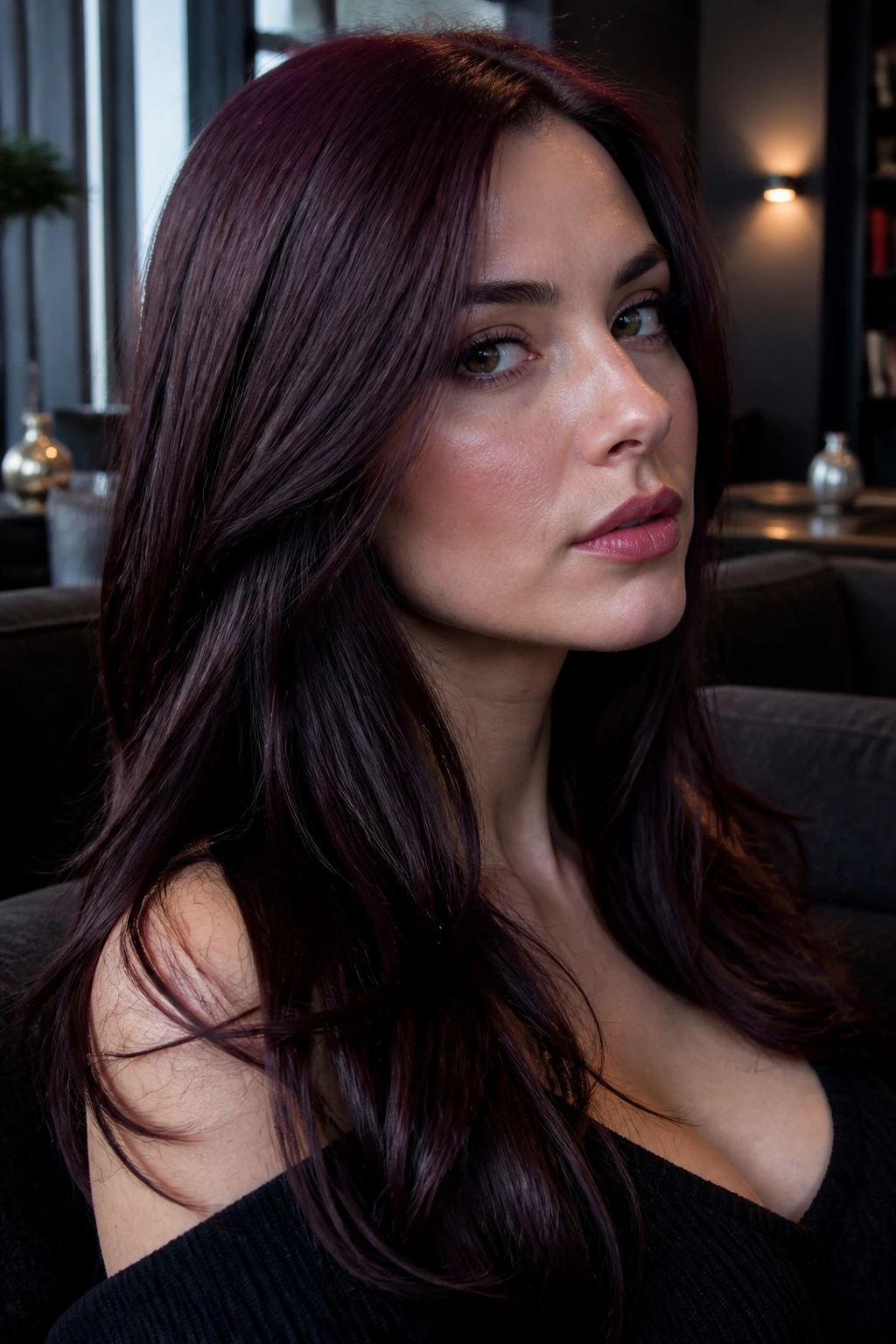 Close-up of a woman with cool mahogany brown hair