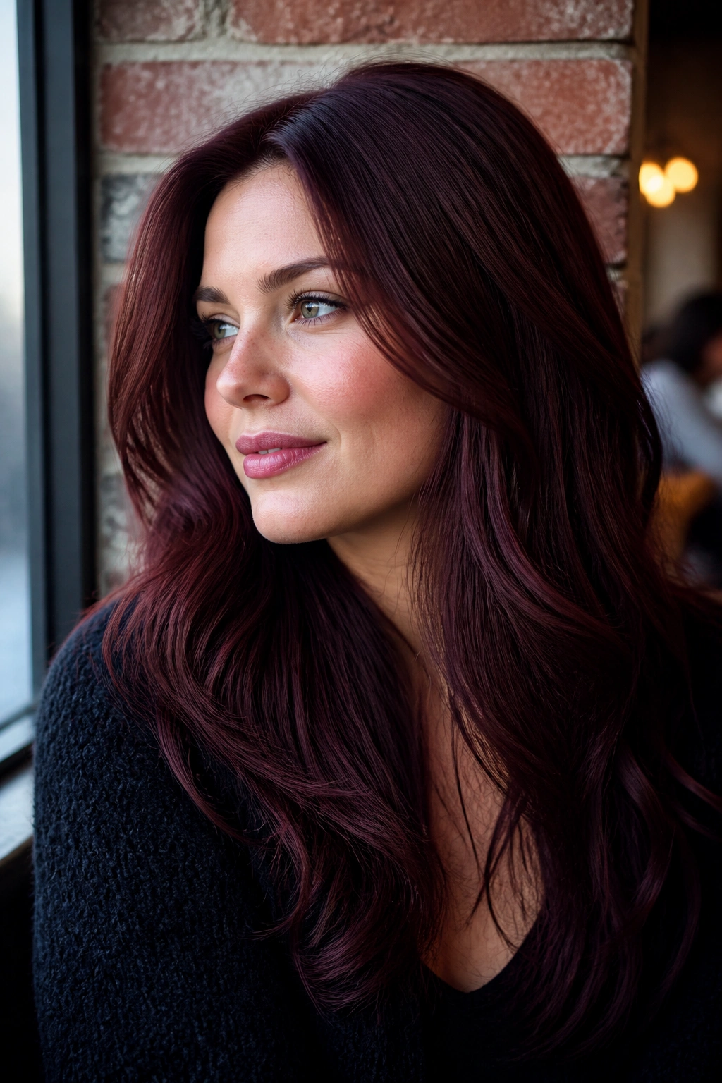 Close-up of cool mahogany brown hair on a real person with a polished wood-toned look