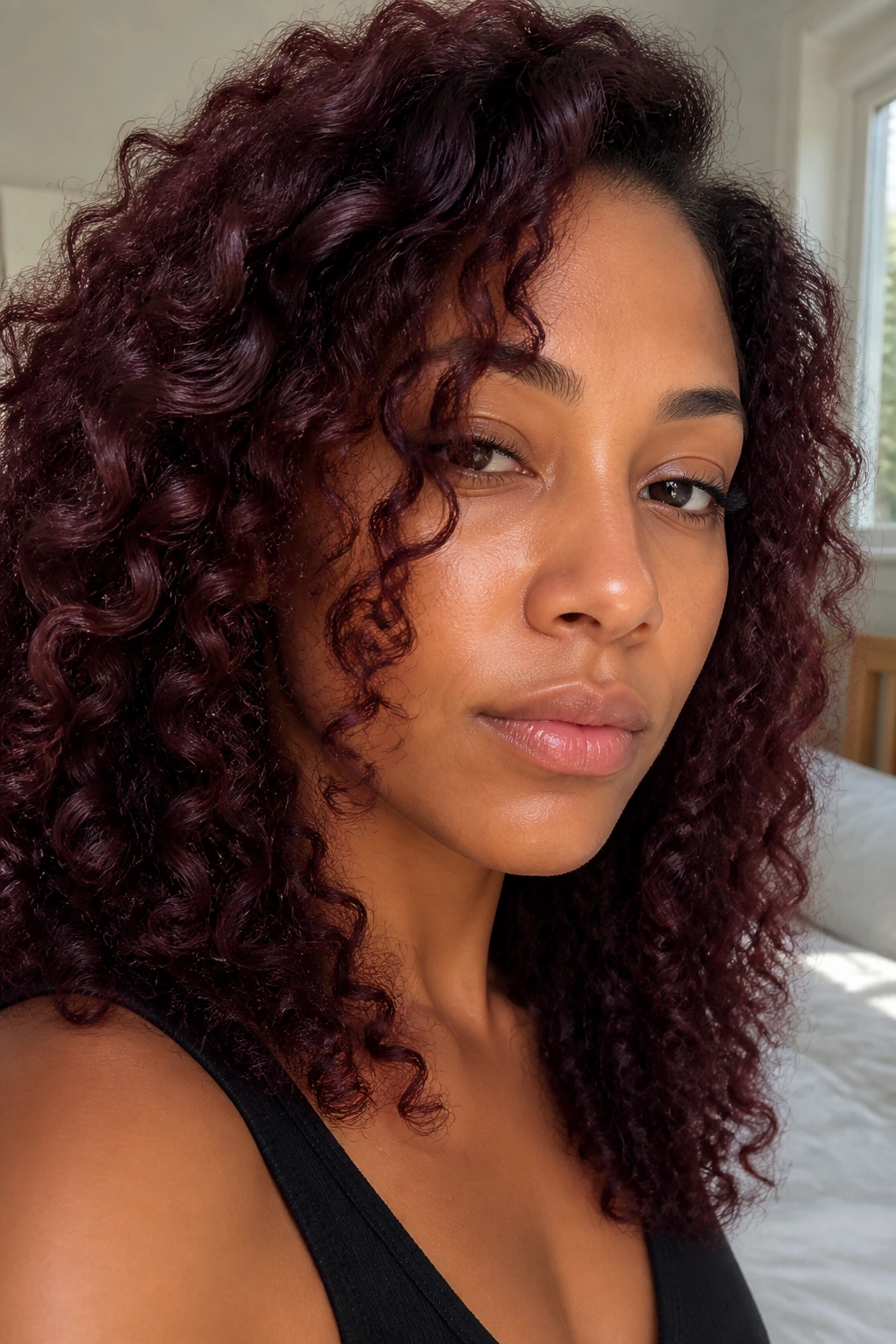 Close-up portrait of a real woman with cool mahogany curls showcasing textured burgundy hair