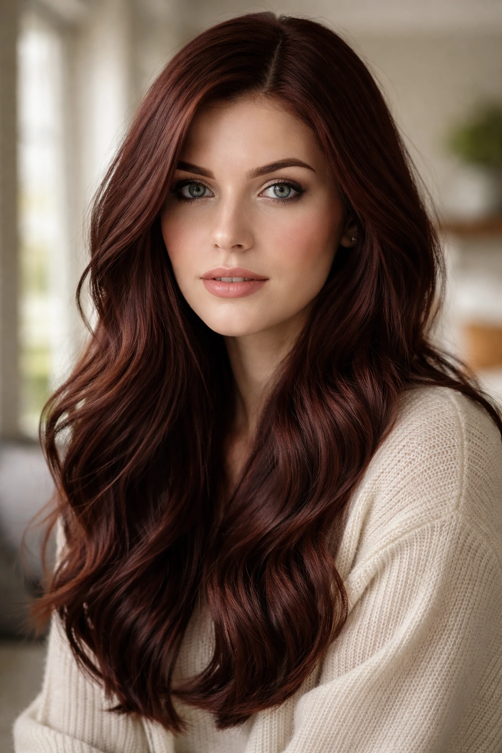 Close-up portrait of a real person with Cool Mahogany hair in natural window light.
