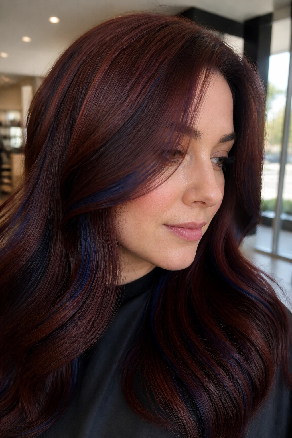 Close-up of cool mahogany brown hair with navy lowlights on a real person