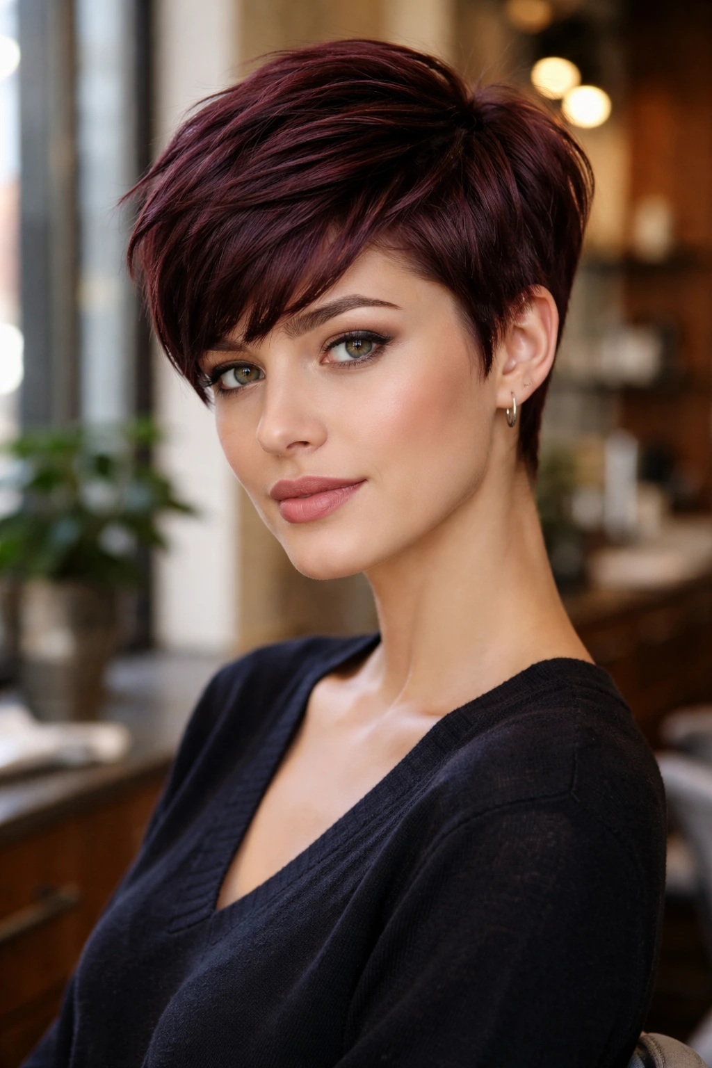 Close-up of a real person with a cool-toned mahogany pixie haircut