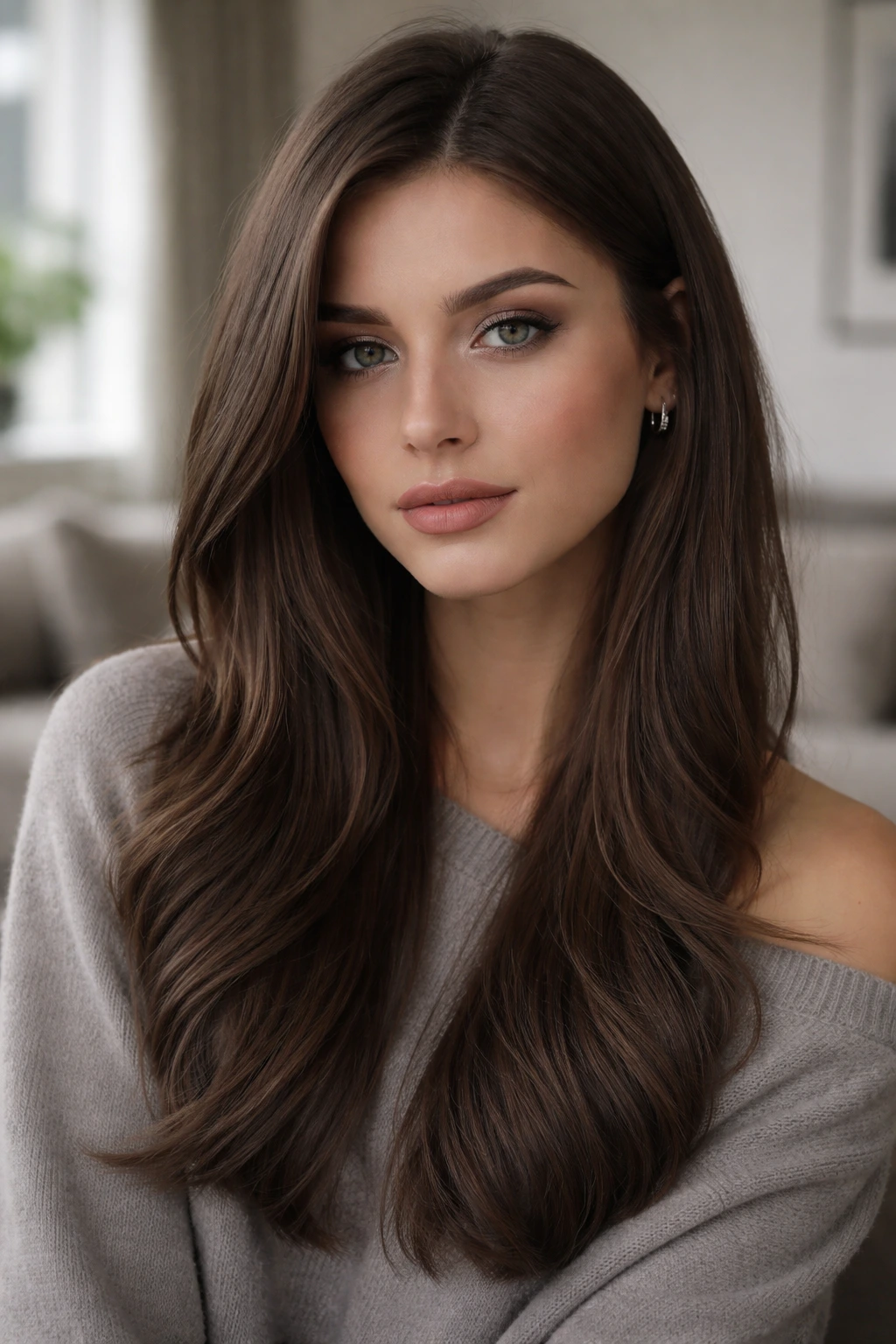 Close-up portrait of a real woman with Cool Matte Brown hair in natural daylight