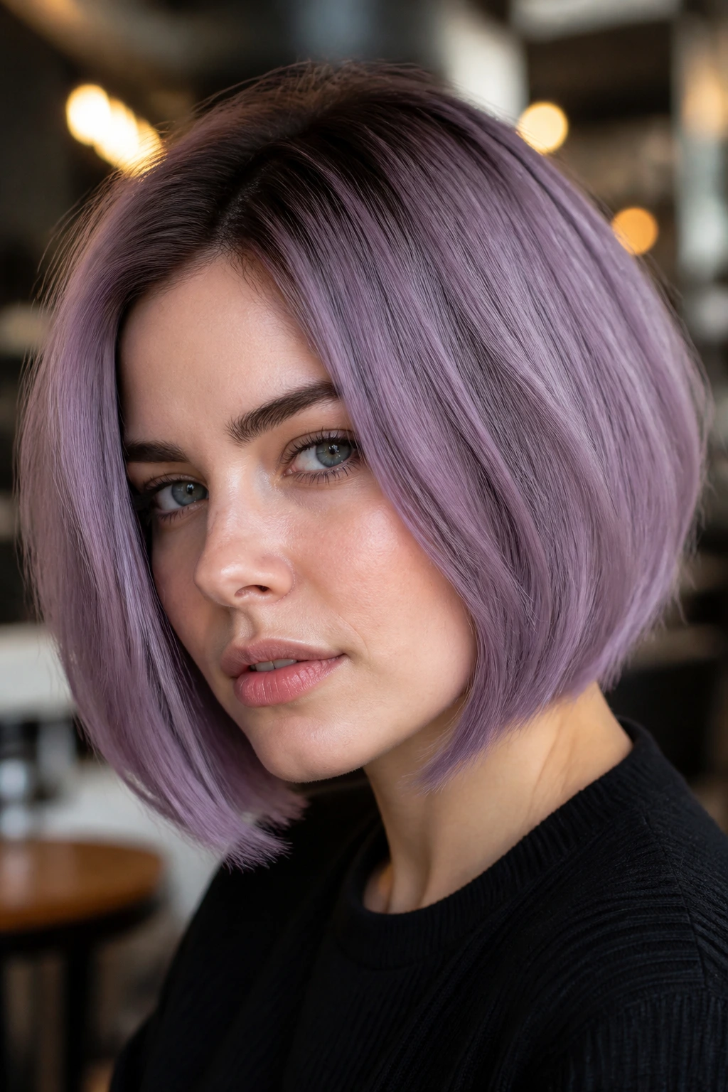 Cool mauve bob with shadow root on real person, close-up portrait.