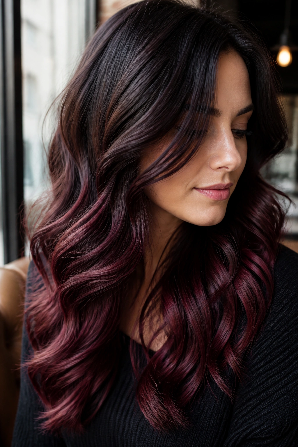 Close-up of a real woman with cool merlot ombré hair from roots to ends.