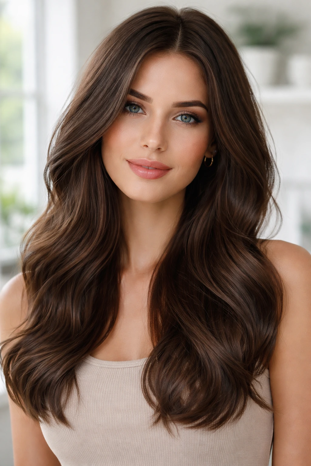 Real person with cool milk chocolate hair in bright natural light
