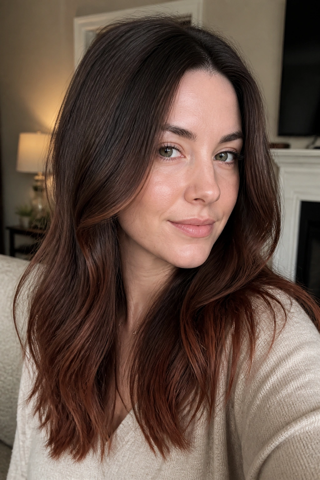 Medium close-up of woman with mocha roots and auburn ends