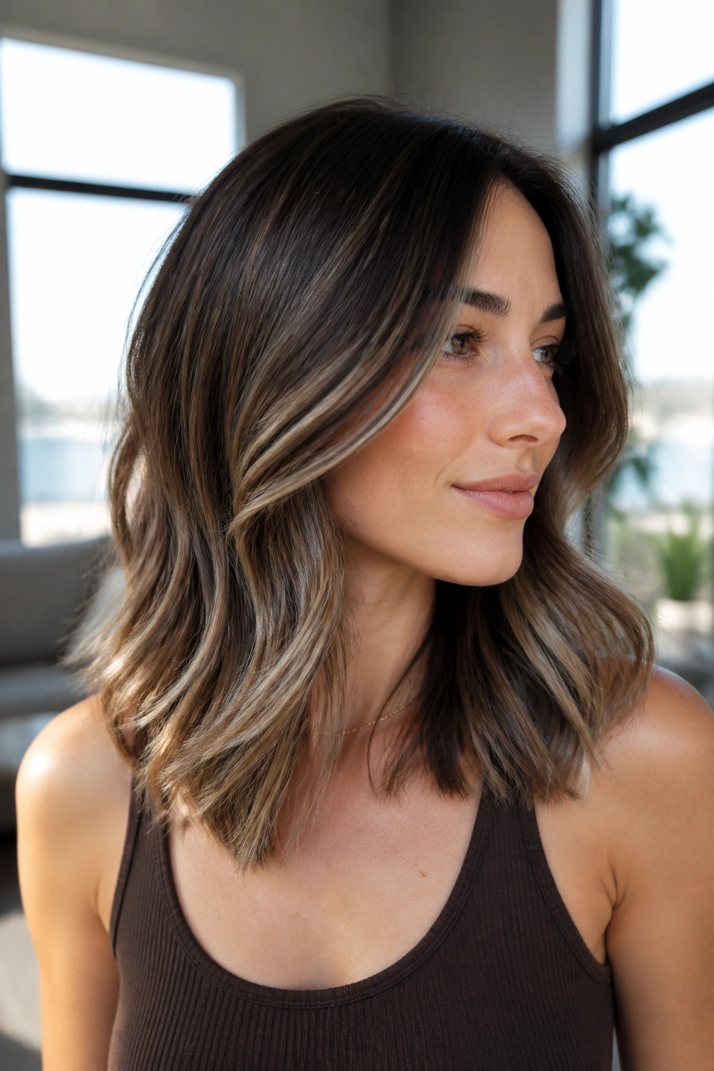 Close-up of a real woman with cool mocha balayage on mid-length layered hair.