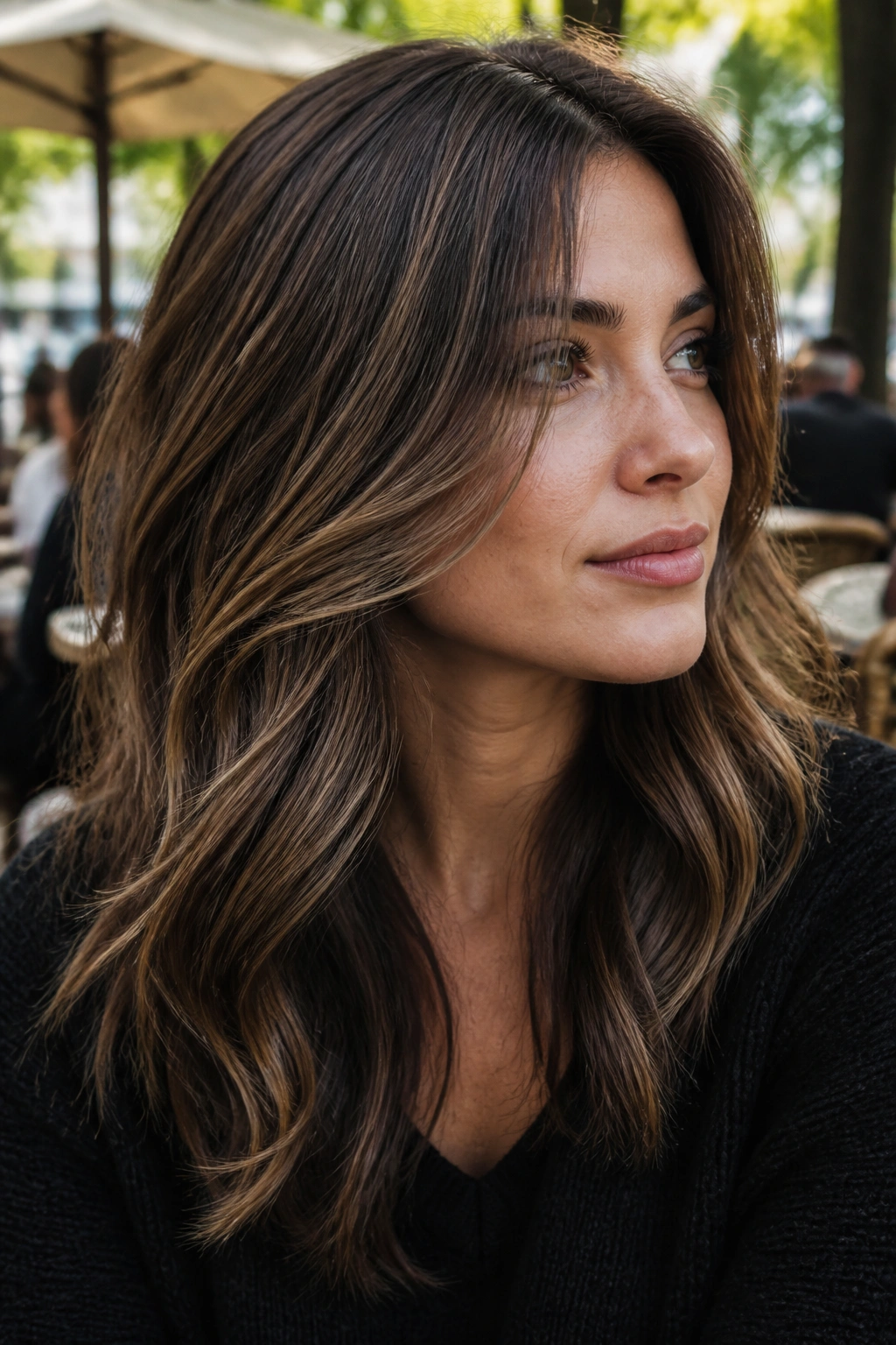 Portrait of a woman with cool mocha balayage highlighting
