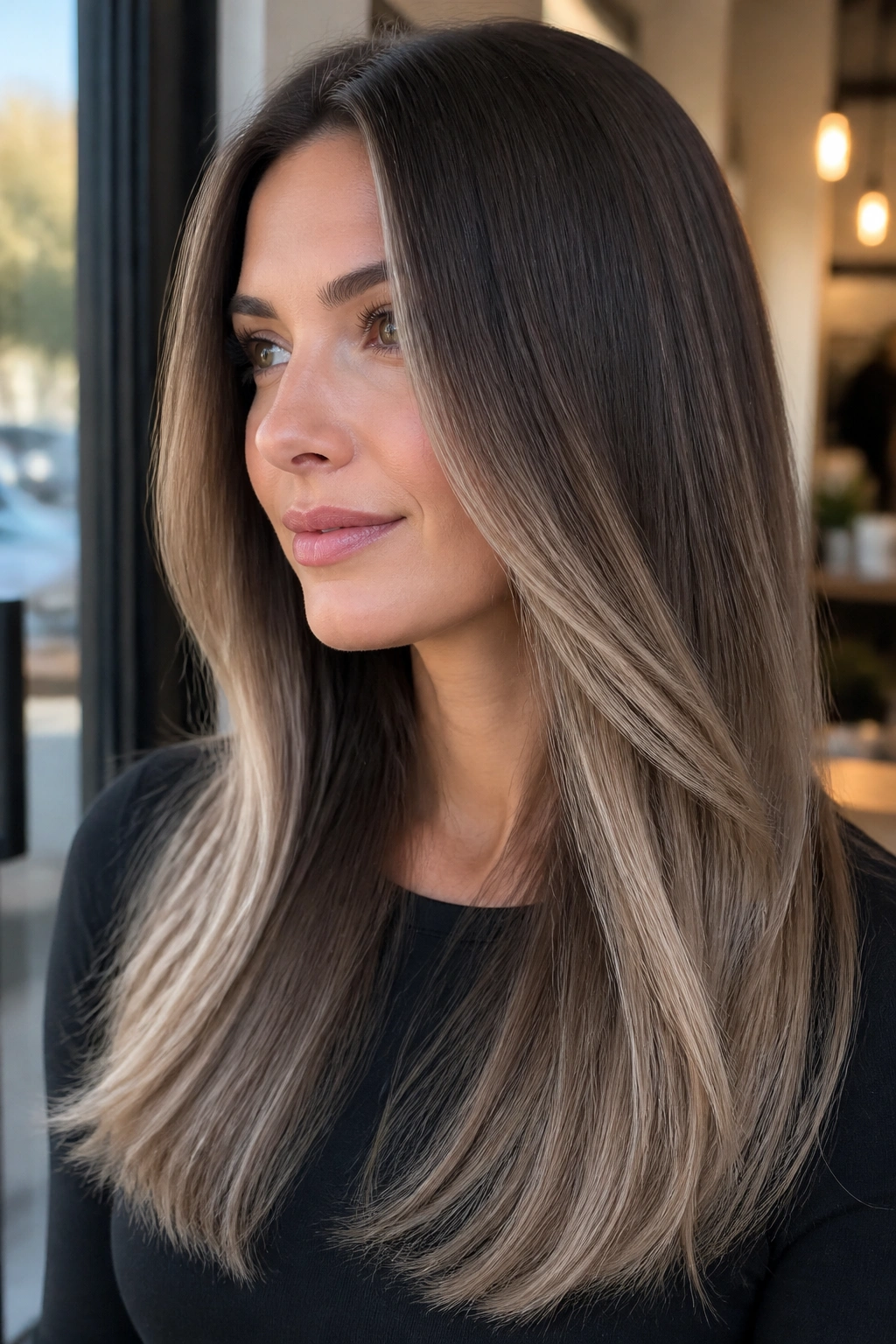 Close-up of cool mocha balayage on real person