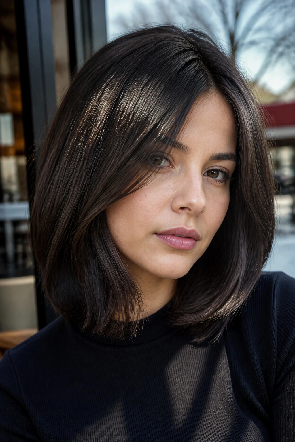 Close-up portrait of a real person with cool mocha black hair and ash undertone in soft lighting.