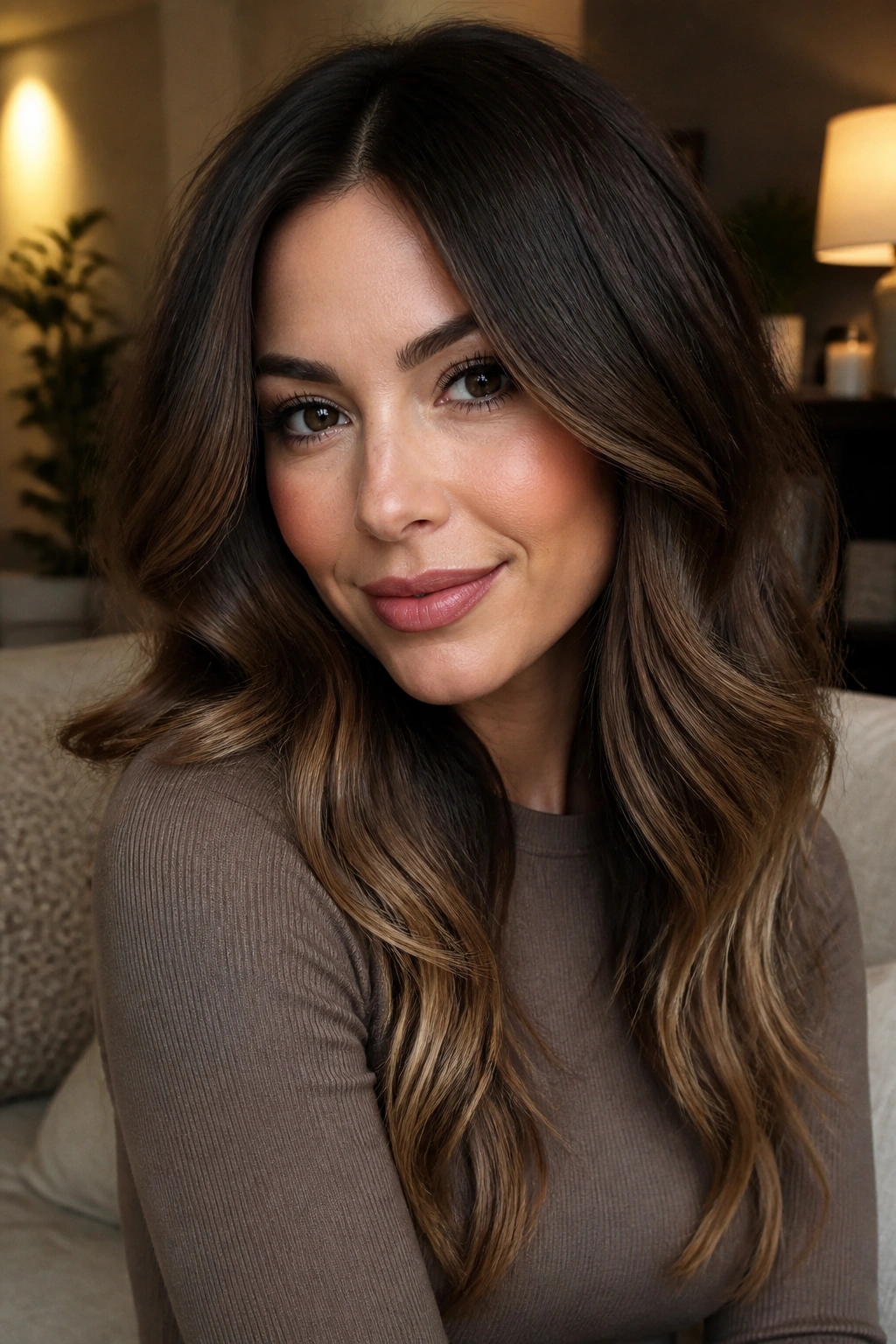 Close-up of a real woman's mocha hair with melted caramel ends