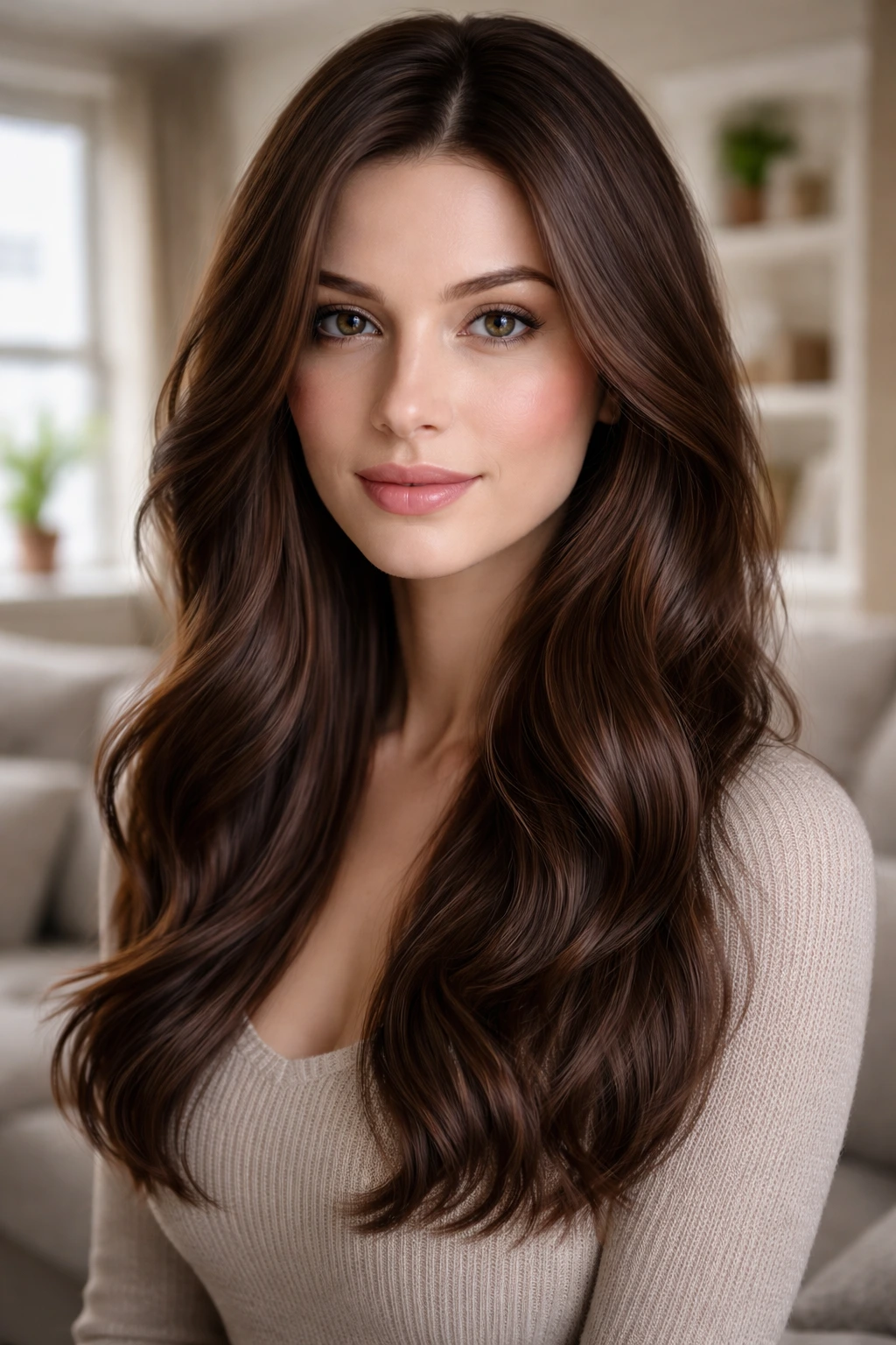 Close-up portrait of a person with cool mocha chestnut hair.