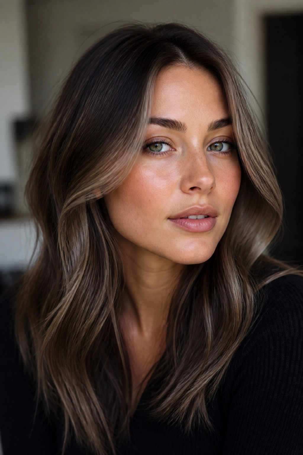 Close-up of a real woman with cool mocha contour highlights framing the face