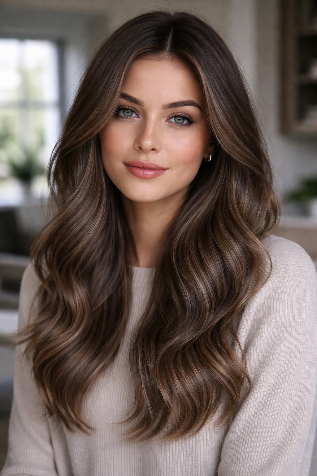 Close-up of cool mocha hair with dim roots and soft ends on a real person.