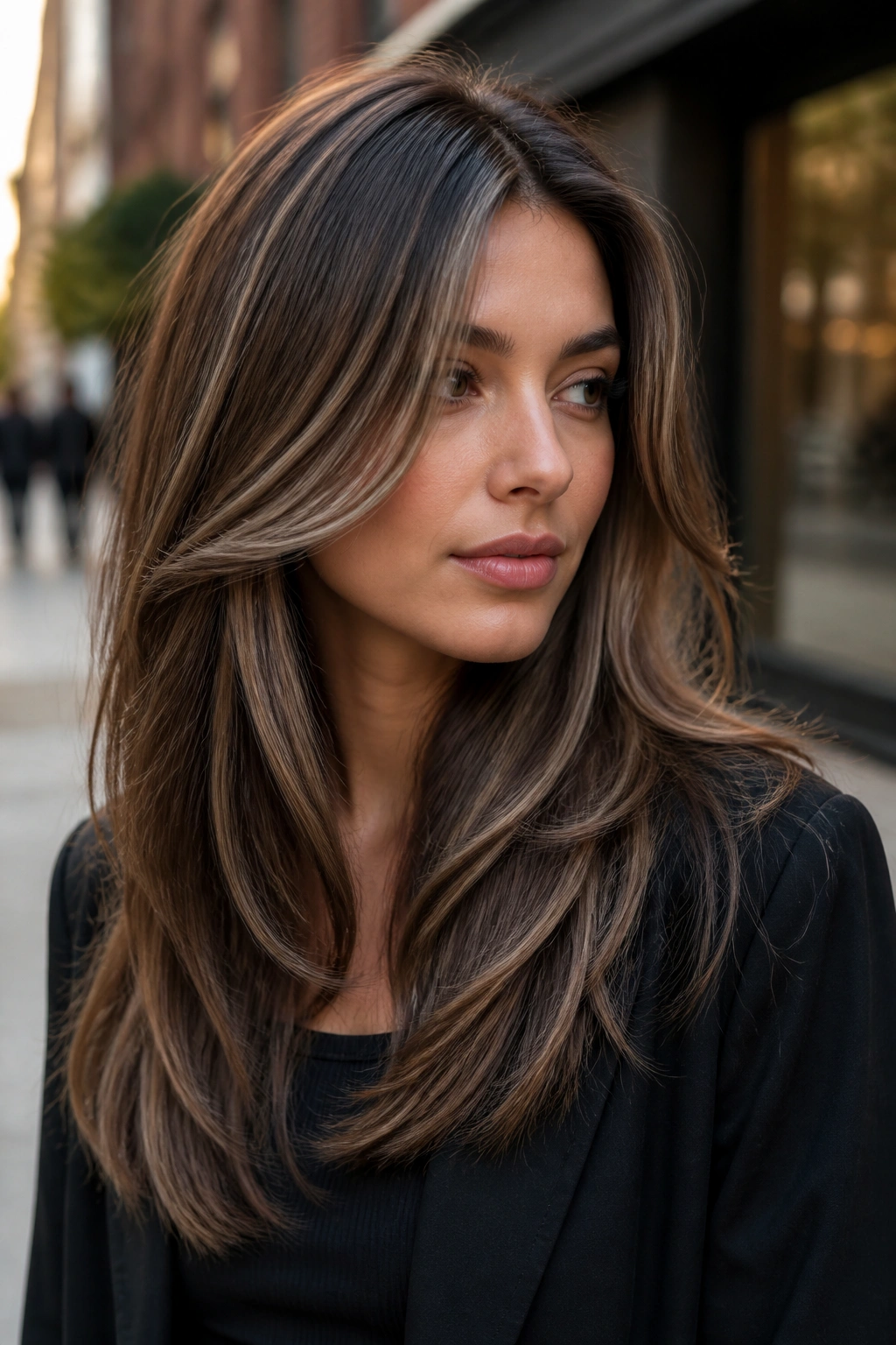 Close-up portrait of layered cool mocha hazelnut hair.
