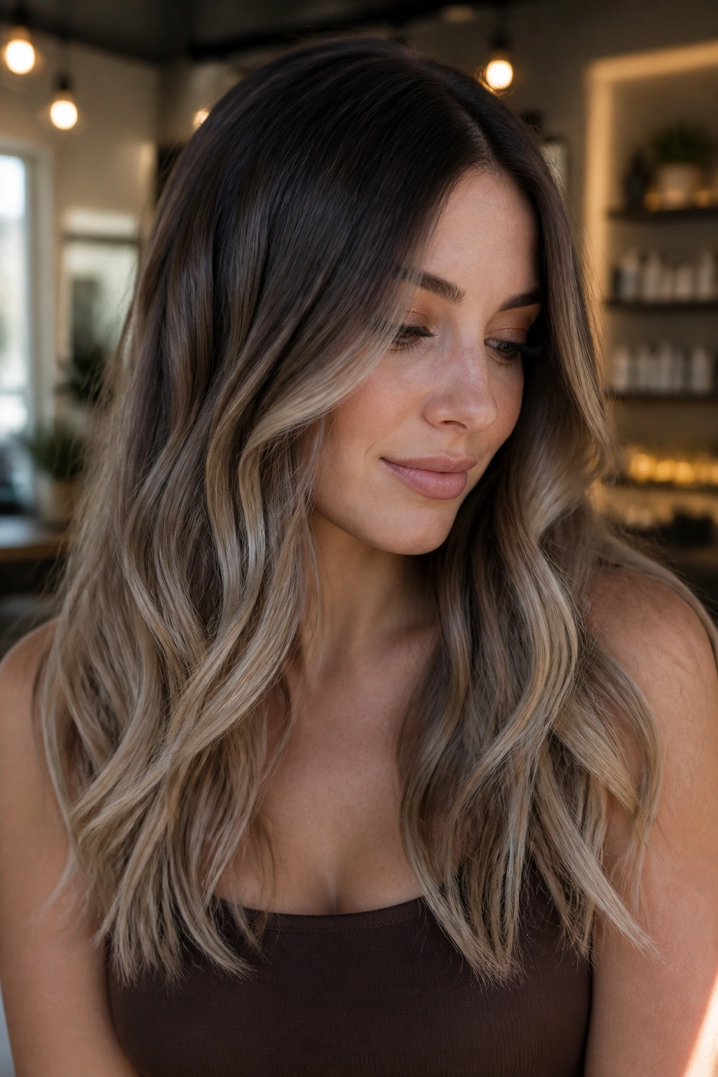 Close-up portrait of a woman with cool mocha melt hair gradient