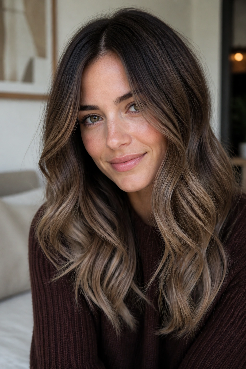 Portrait with cool mocha melt hair shade on cool-toned skin