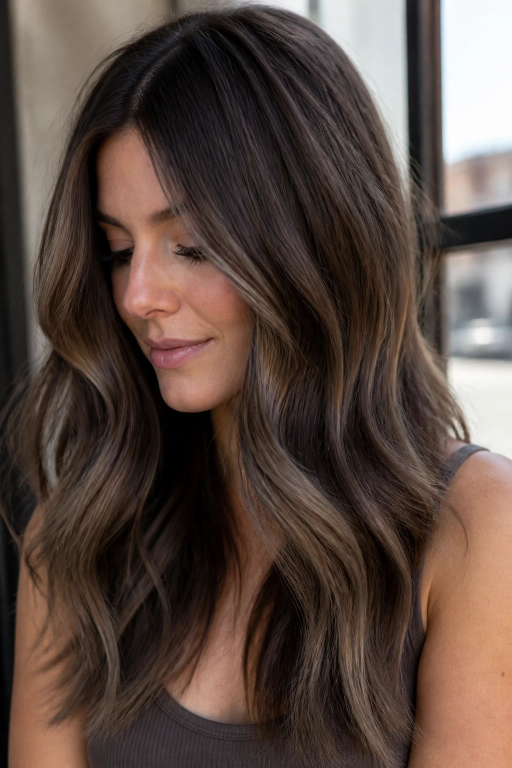 Portrait of a person with cool mocha melt hair featuring ash-toned ribbons