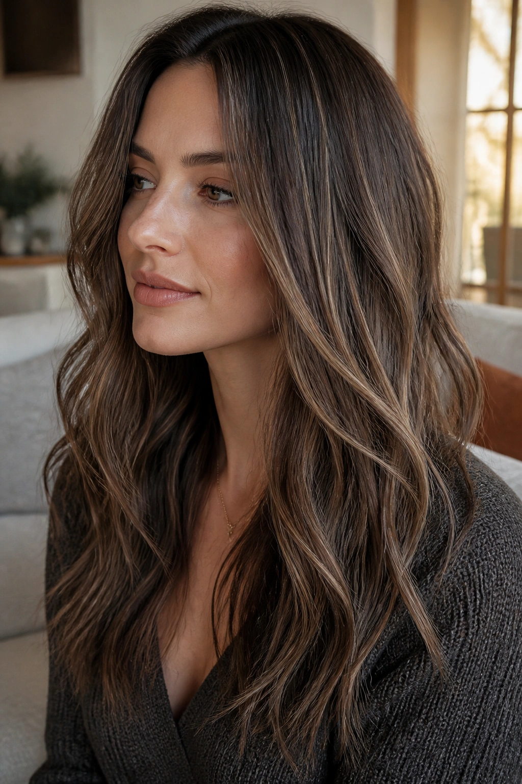 Close-up of a real woman with cool mocha base and micro babylights
