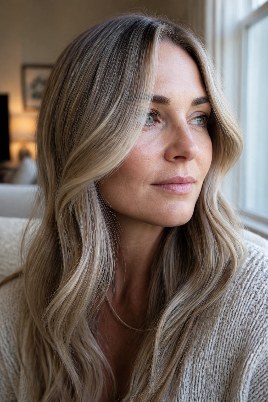 Close-up portrait of a real woman with cool mushroom blonde hair and babylights