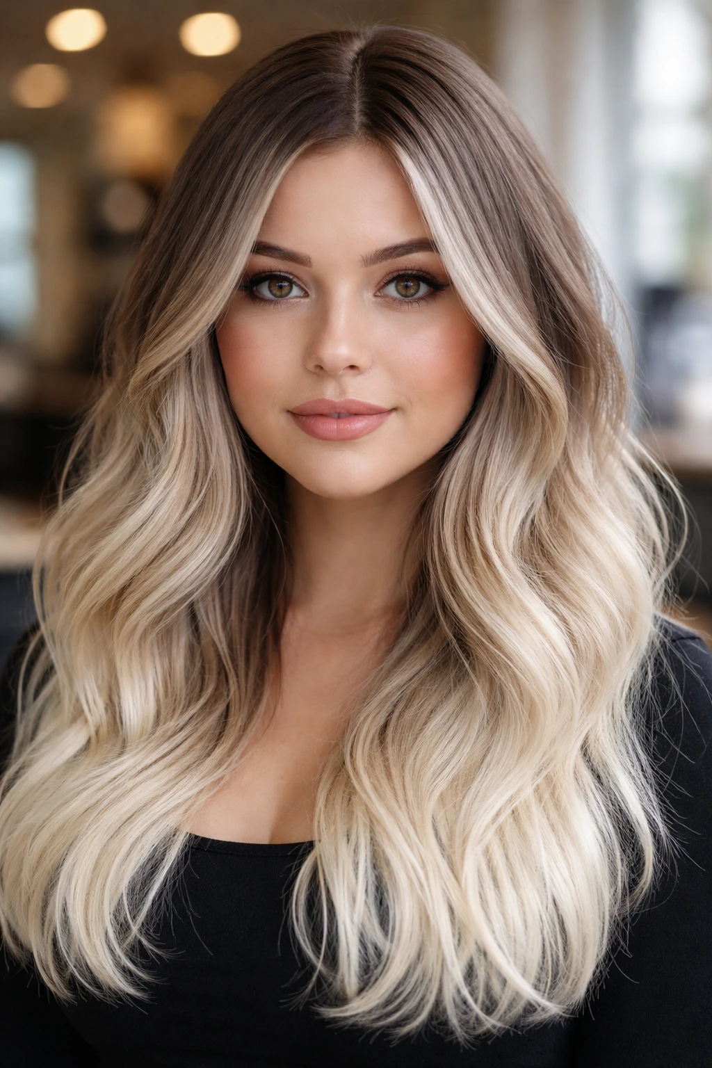 Close-up portrait of a real woman with cool mushroom blonde roots and bright ends on a round face.