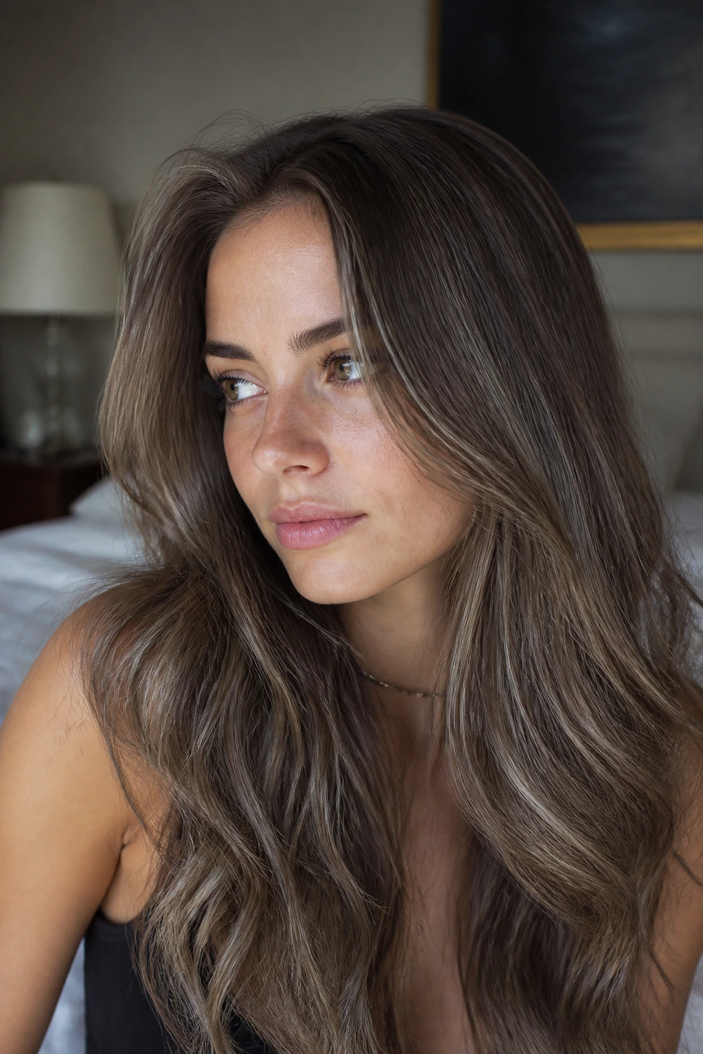 Close-up of real person with cool mushroom brown hair featuring ash and beige highlights