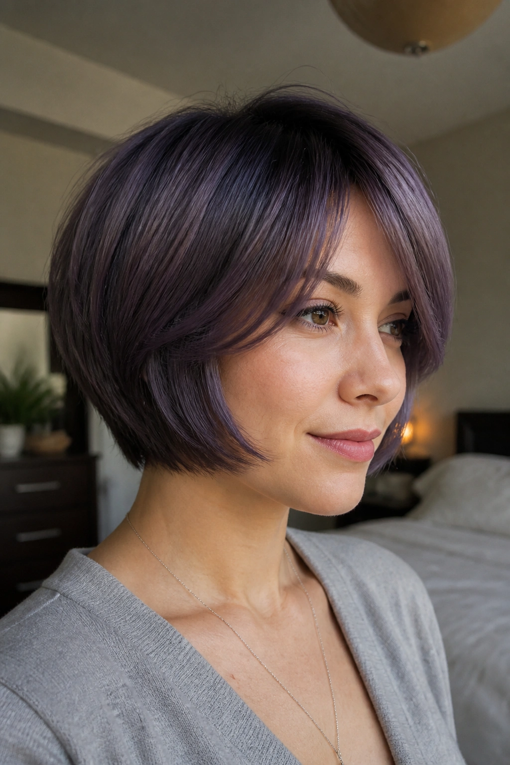 Close-up of a real woman with cool mushroom plum short hair in soft window light
