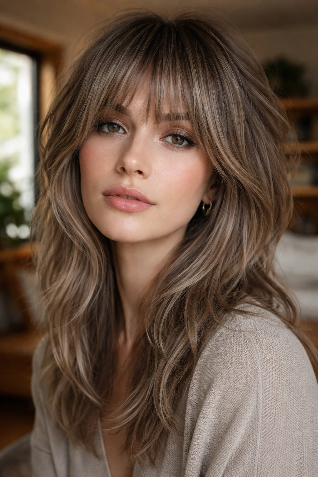 Portrait of a woman with cool mushroom shag hair in a cozy living room