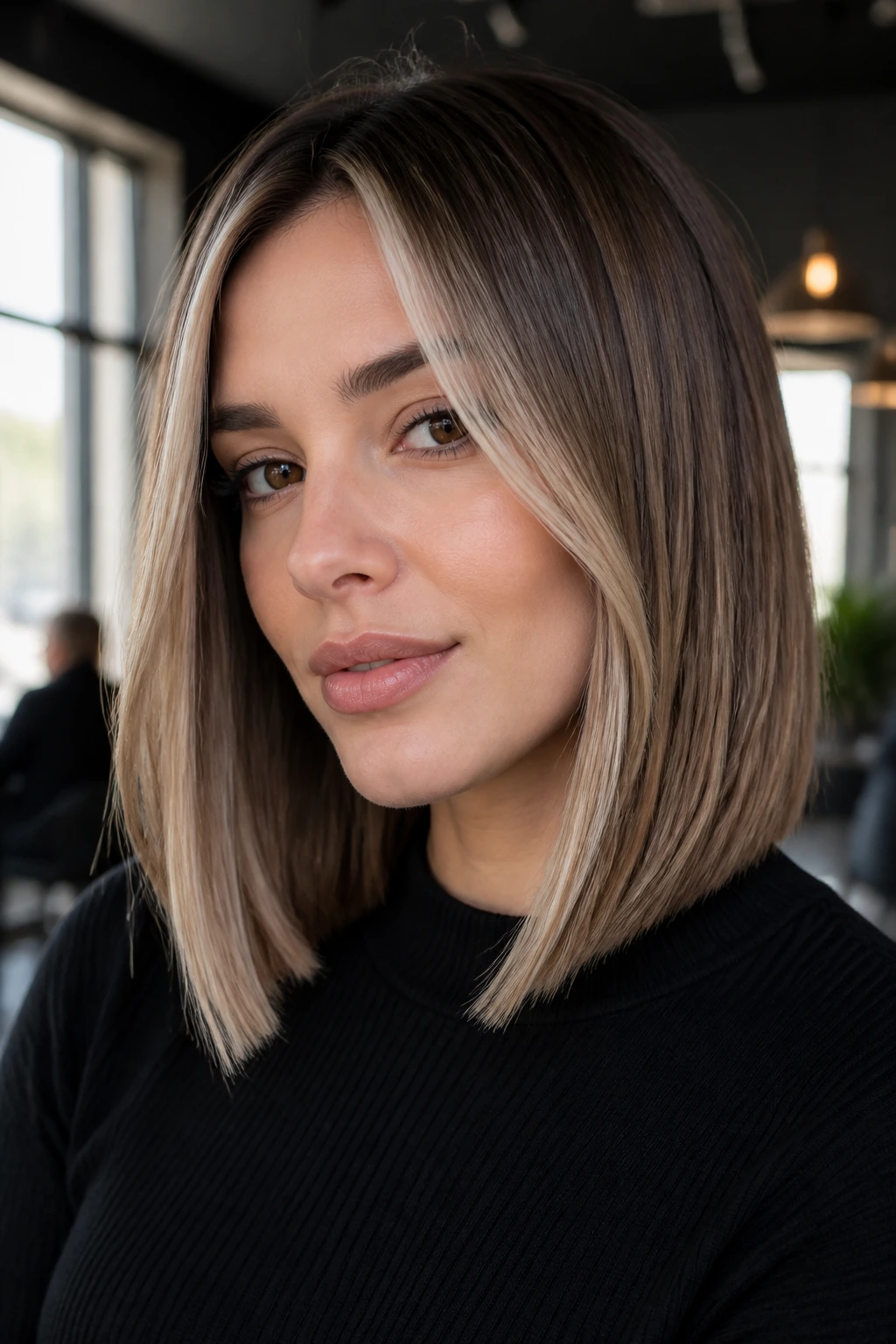 Close-up portrait of a real woman with cool oat blonde on a brown lob.