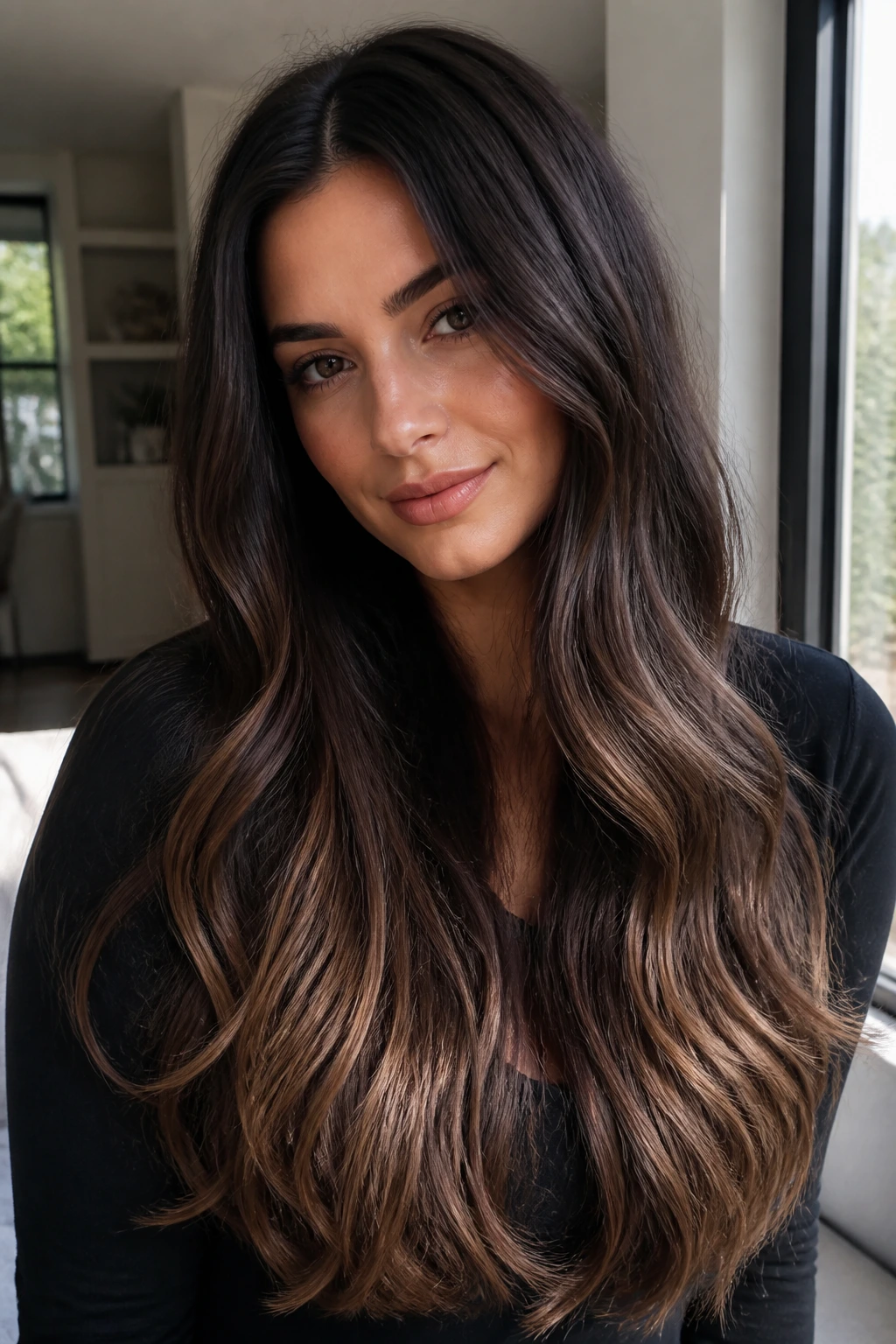 Close-up of a woman with cool brunette ombré from espresso root to mushroom ends