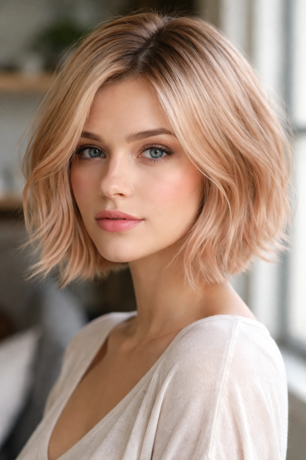 Close-up of cool peach blonde hair with micro root smudge