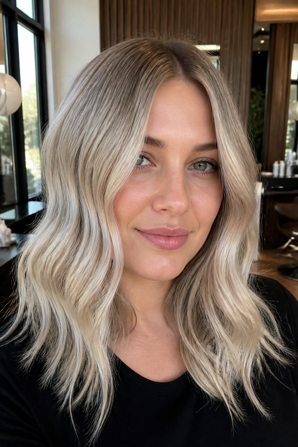 Portrait of a woman with a cool pearl blonde transition showing a seamless gradient from root to ends.