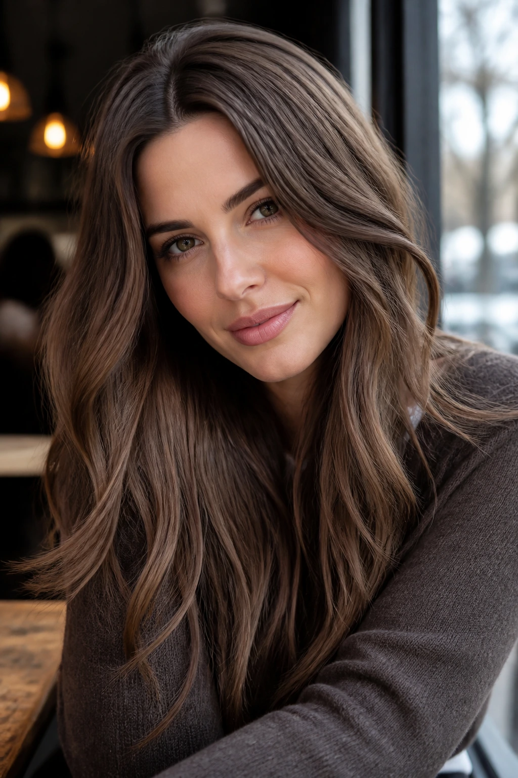 Close-up portrait of a real person with cool pecan brown mid-brown hair.