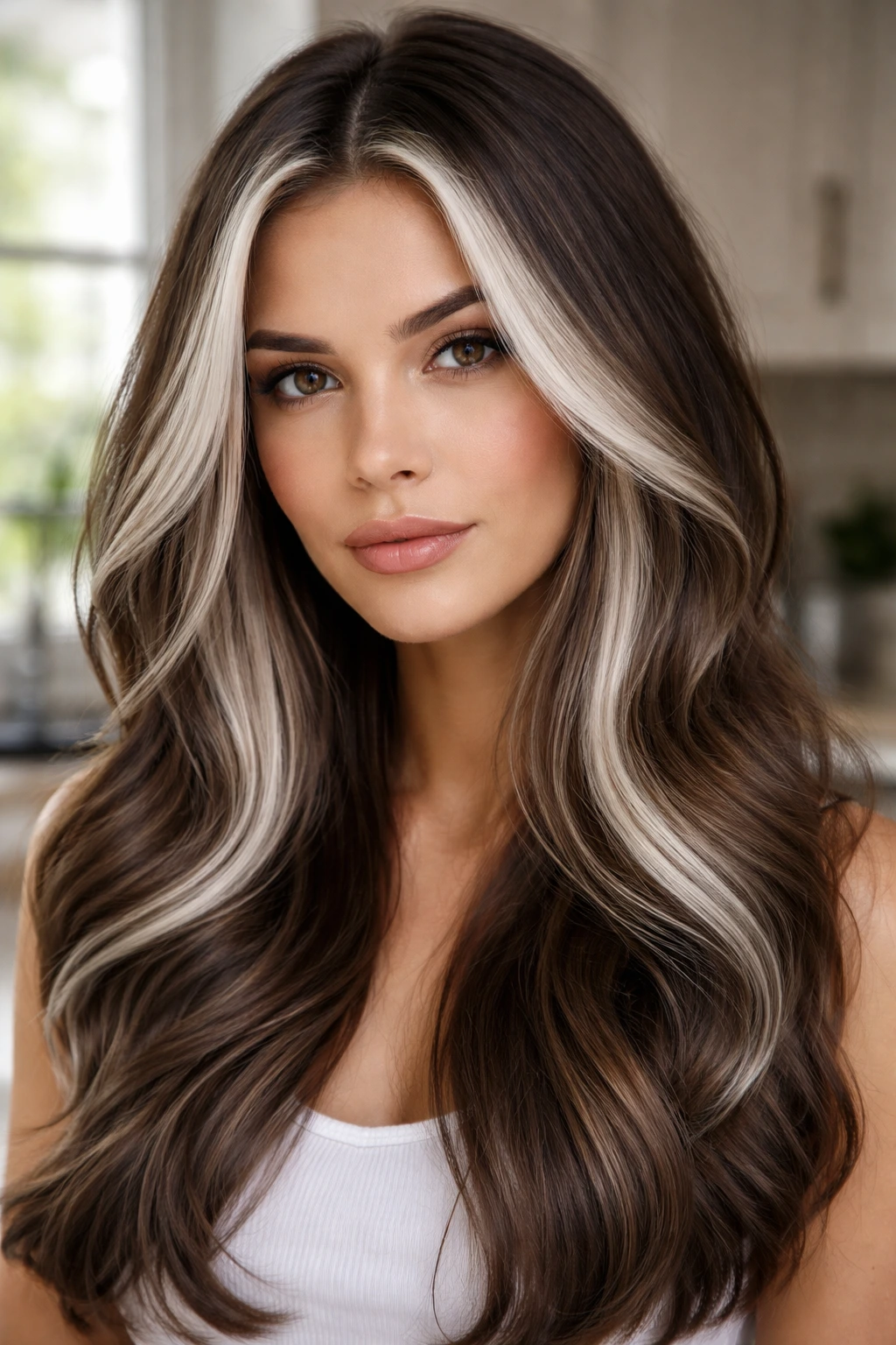 Close-up of a real woman with cool-toned face-framing highlights around the face
