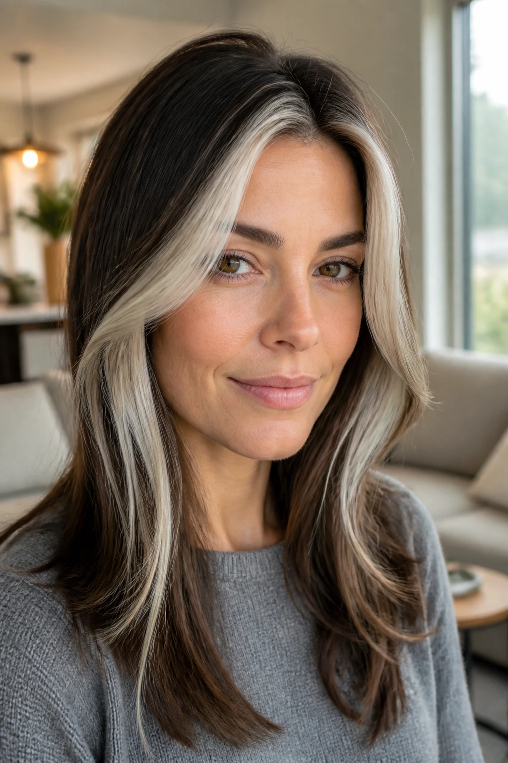 Real woman with cool platinum face-framing layers in warm living room light.