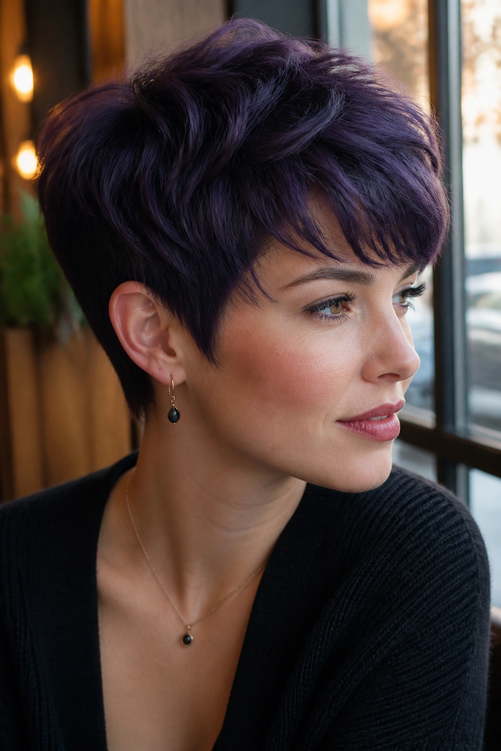 Close-up of a real person with a Cool Plum Pixie cut.