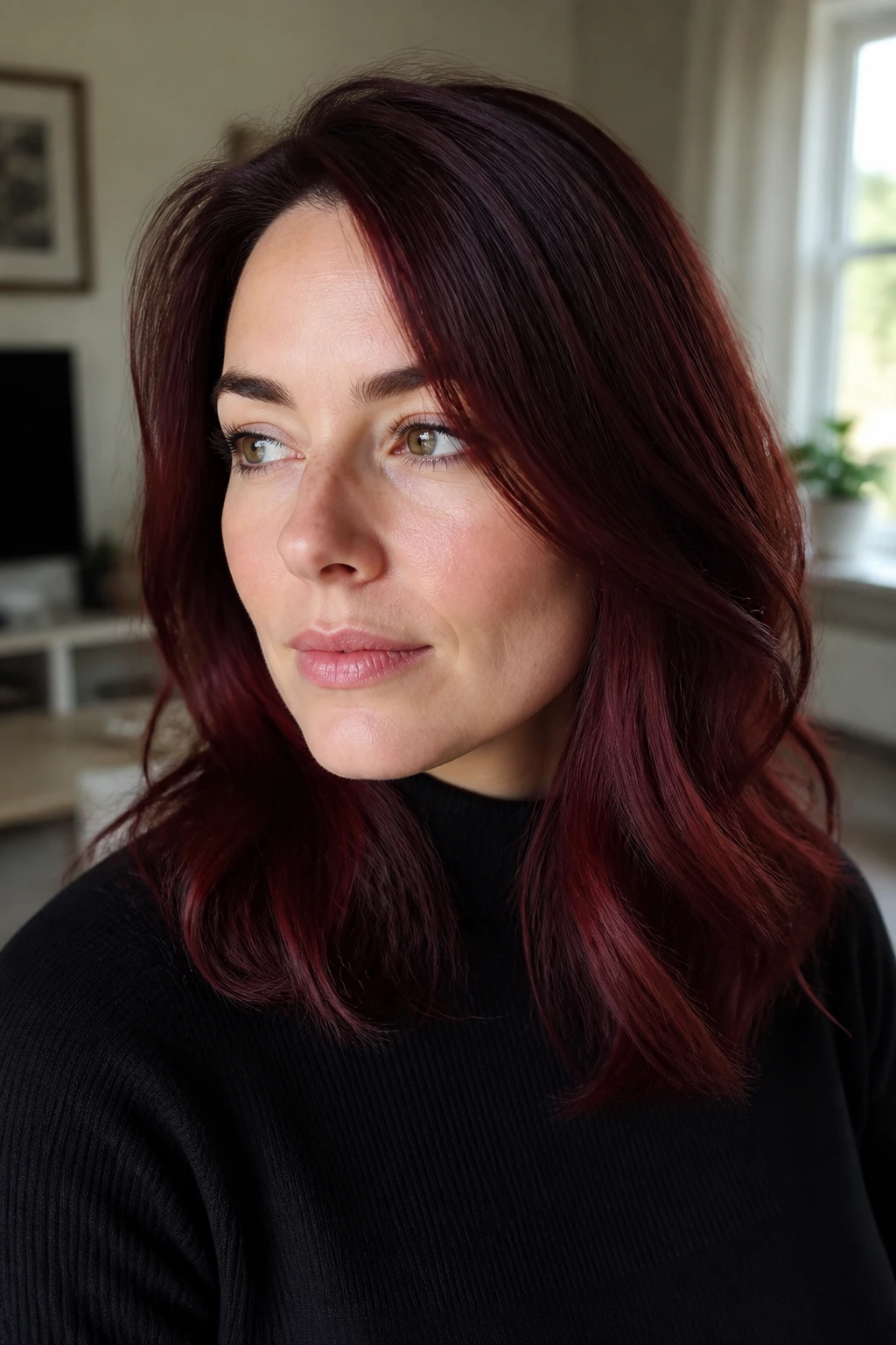 Close-up of a woman with cool-toned skin and mid-length cool-red auburn hair